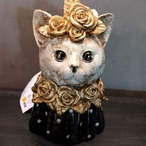 Kattenhoofd gouden bloem met kleed van witte bolltjes